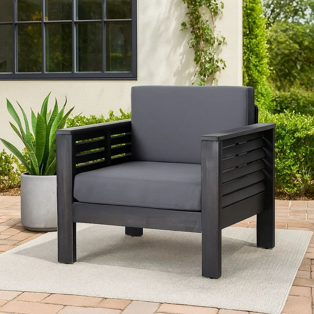 Benjara Quim Outdoor Club Chair, Shutter Slat Panel, Gray Acacia Wood, Gray Fabric