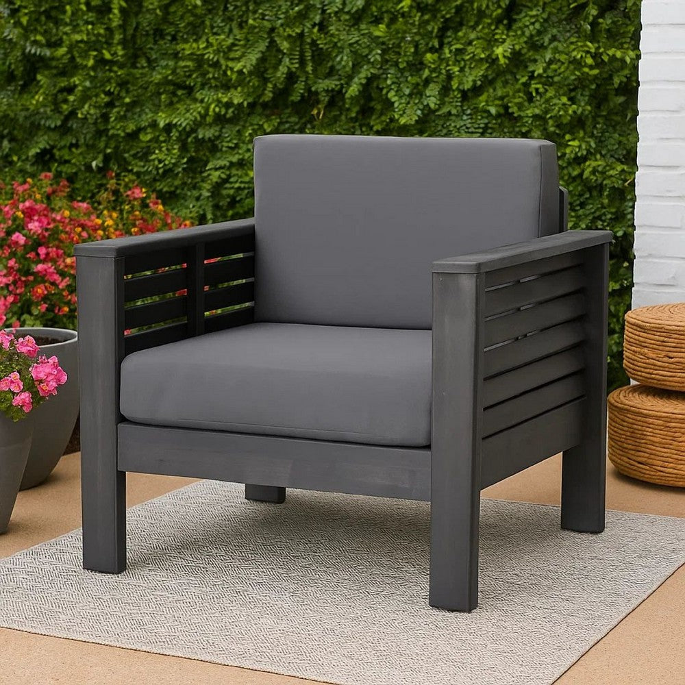 Benjara Quim Outdoor Club Chair, Shutter Slat Panel, Gray Acacia Wood, Gray Fabric