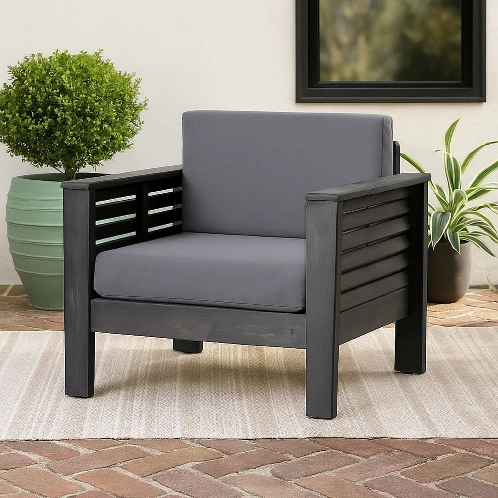Benjara Quim Outdoor Club Chair, Shutter Slat Panel, Gray Acacia Wood, Gray Fabric