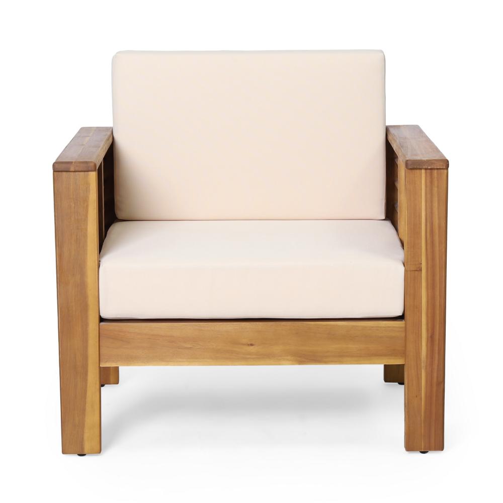 Benjara Quim Outdoor Club Chair, Shutter Slat Panel, Brown Acacia Wood, Beige