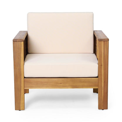 Benjara Quim Outdoor Club Chair, Shutter Slat Panel, Brown Acacia Wood, Beige