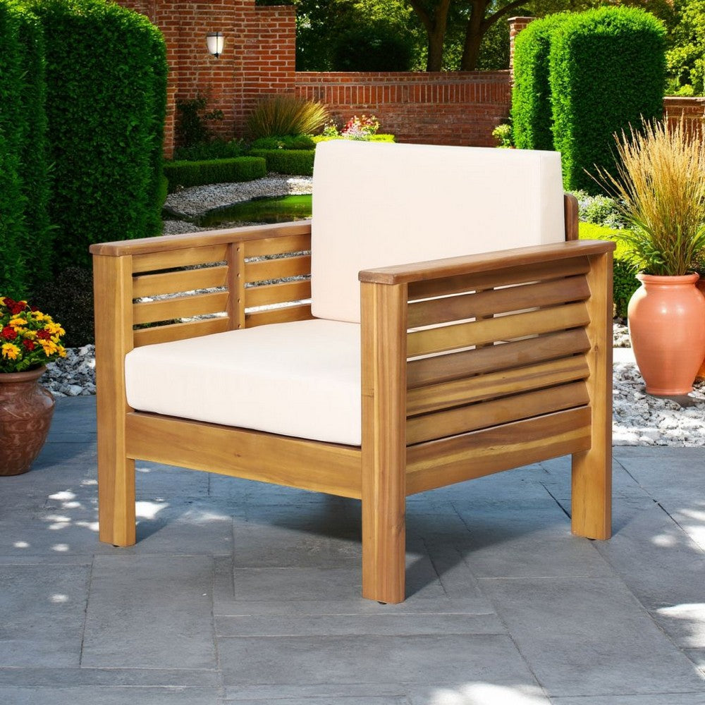 Benjara Quim Outdoor Club Chair, Shutter Slat Panel, Brown Acacia Wood, Beige