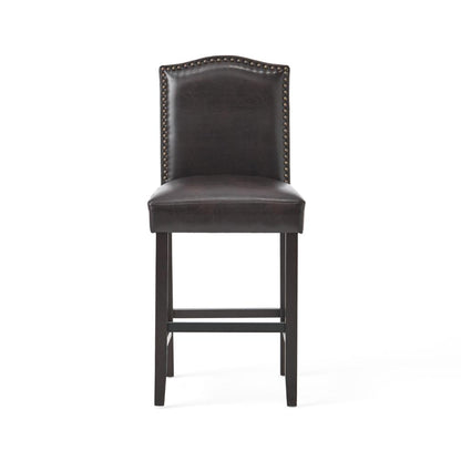 Benjara Counter Height Chair Set of 2, Nailhead Trim, Brown And Walnut Faux Leather