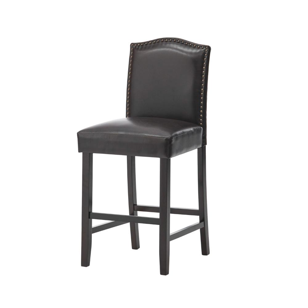 Benjara Counter Height Chair Set of 2, Nailhead Trim, Brown And Walnut Faux Leather