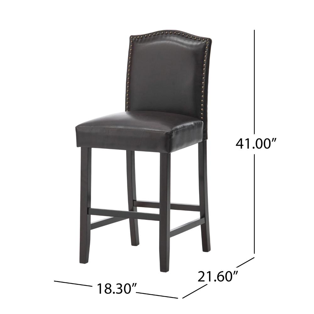 Benjara Counter Height Chair Set of 2, Nailhead Trim, Brown And Walnut Faux Leather