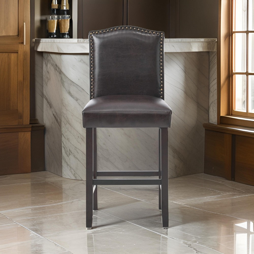 Benjara Counter Height Chair Set of 2, Nailhead Trim, Brown And Walnut Faux Leather