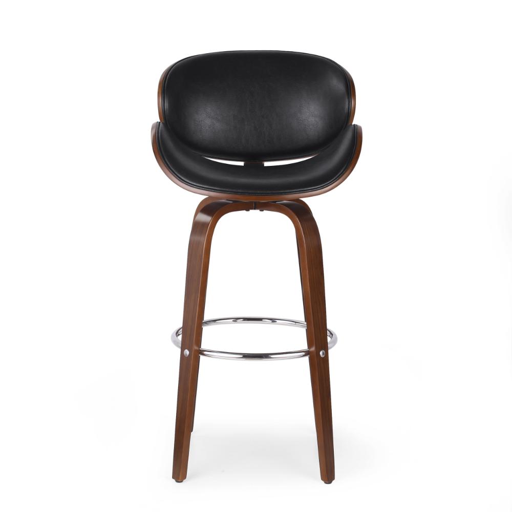 Benjara Zaine Swivel Barstool Chair, Walnut Veneer, Black Faux Leather