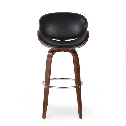 Benjara Zaine Swivel Barstool Chair, Walnut Veneer, Black Faux Leather