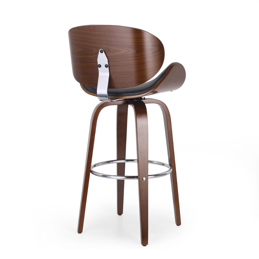 Benjara Zaine Swivel Barstool Chair, Walnut Veneer, Black Faux Leather