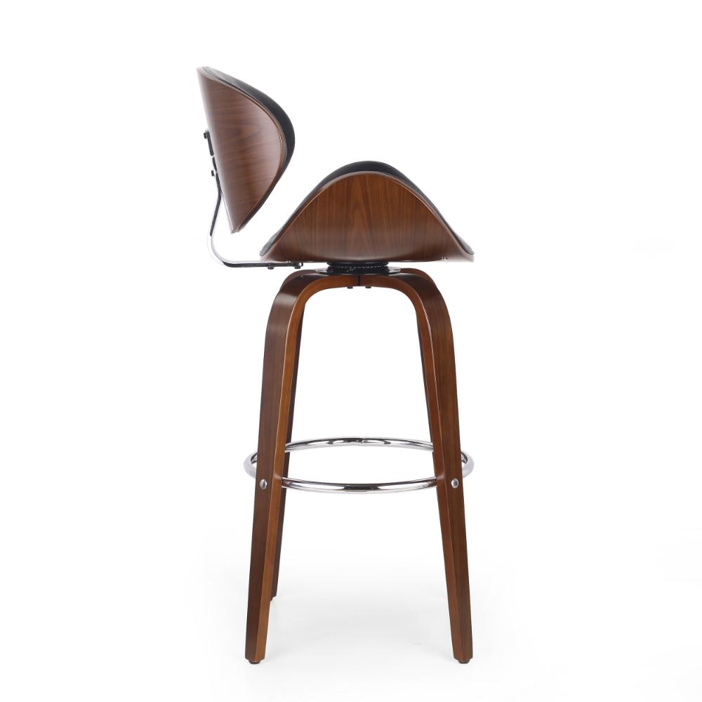 Benjara Zaine Swivel Barstool Chair, Walnut Veneer, Black Faux Leather
