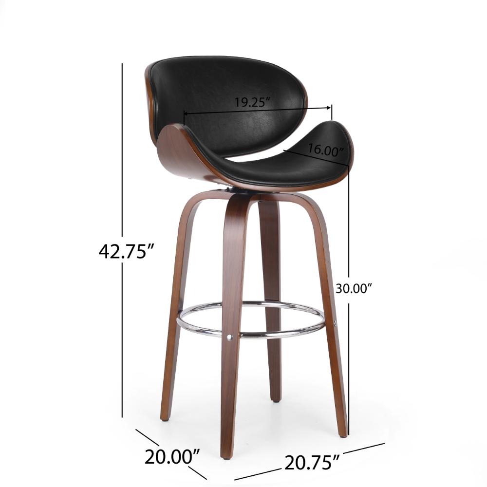 Benjara Zaine Swivel Barstool Chair, Walnut Veneer, Black Faux Leather