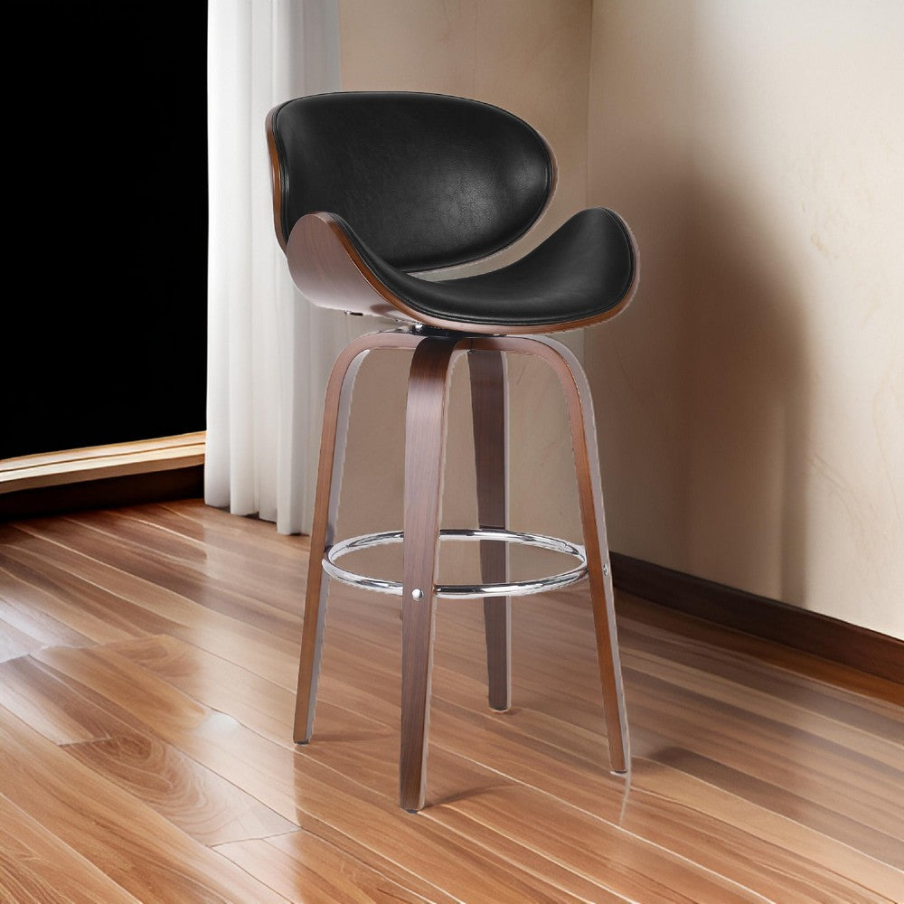 Benjara Zaine Swivel Barstool Chair, Walnut Veneer, Black Faux Leather