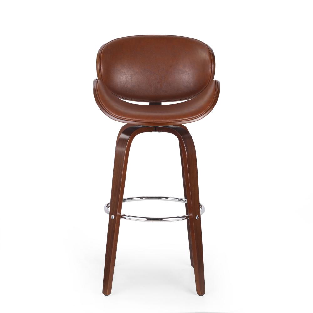 Benjara Zaine Swivel Barstool Chair, Walnut Veneer, Brown Faux Leather