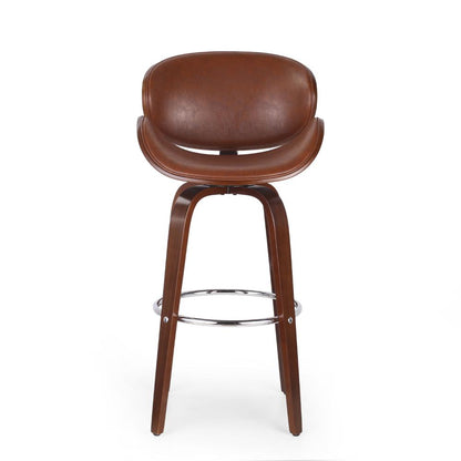 Benjara Zaine Swivel Barstool Chair, Walnut Veneer, Brown Faux Leather