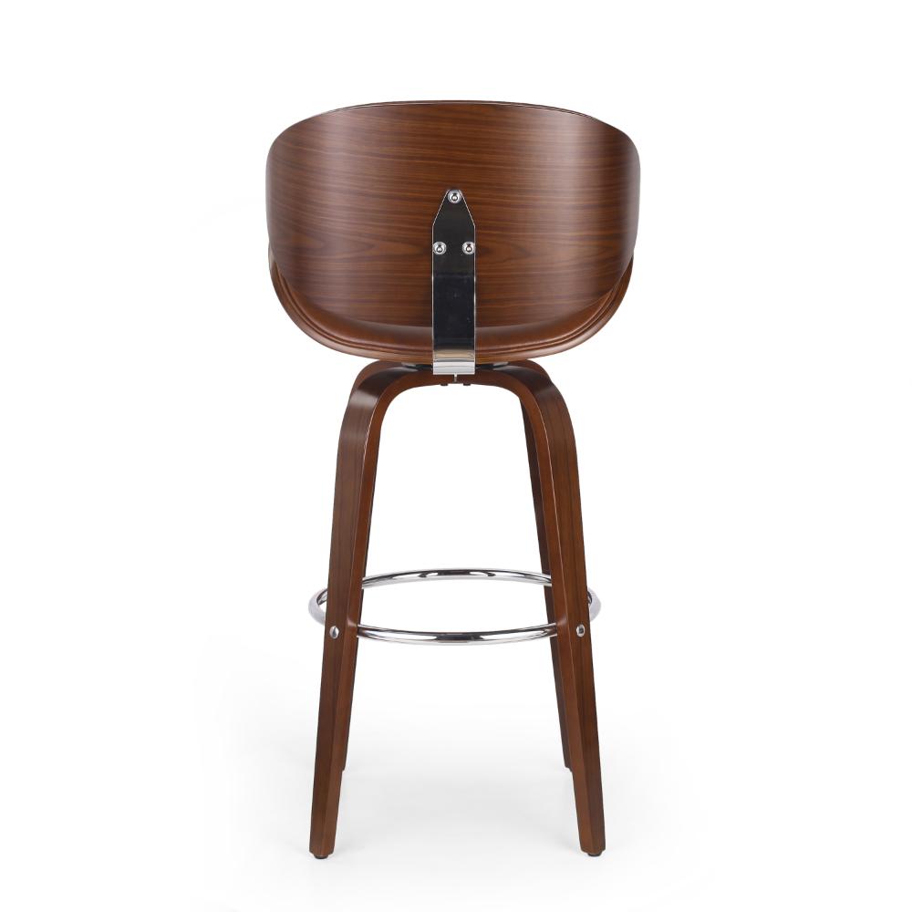 Benjara Zaine Swivel Barstool Chair, Walnut Veneer, Brown Faux Leather