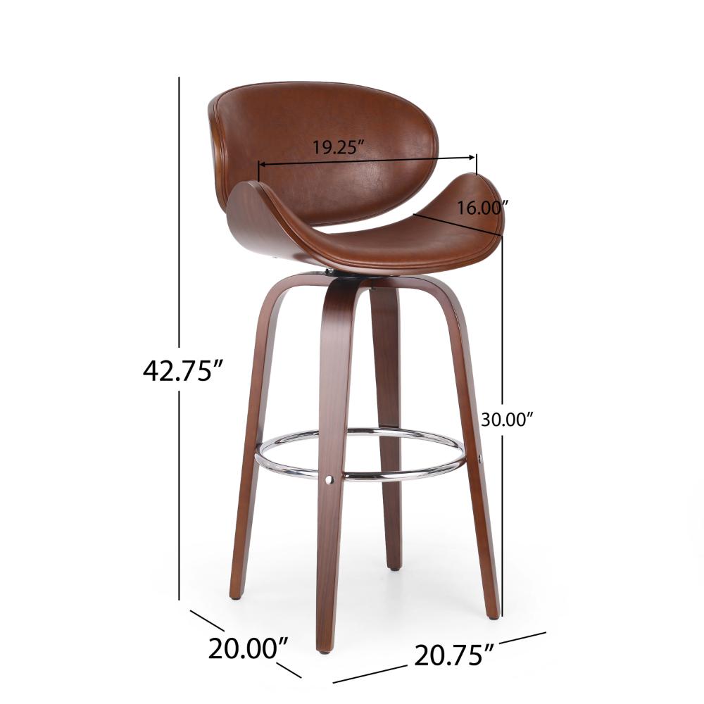 Benjara Zaine Swivel Barstool Chair, Walnut Veneer, Brown Faux Leather