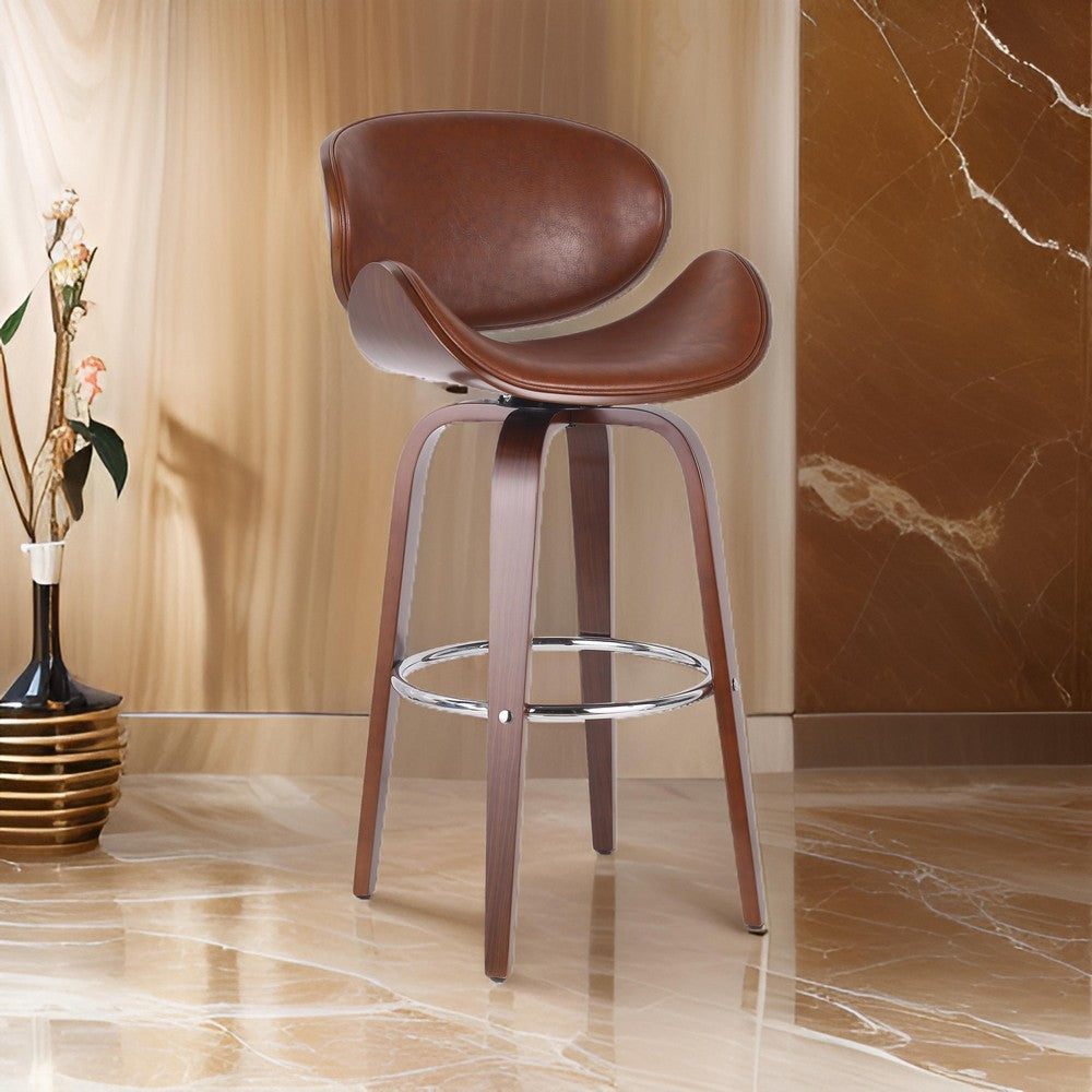 Benjara Zaine Swivel Barstool Chair, Walnut Veneer, Brown Faux Leather