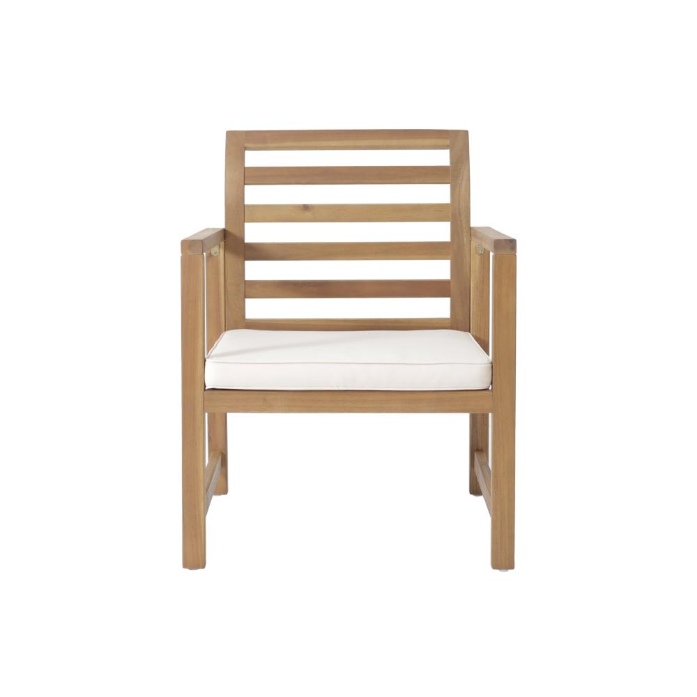 Benjara Outdoor Club Chair Set of 2, Slat Back, Brown Acacia Wood, White Fabric