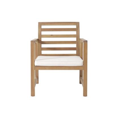 Benjara Outdoor Club Chair Set of 2, Slat Back, Brown Acacia Wood, White Fabric