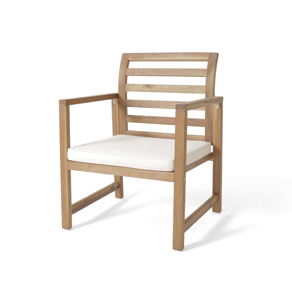 Benjara Outdoor Club Chair Set of 2, Slat Back, Brown Acacia Wood, White Fabric