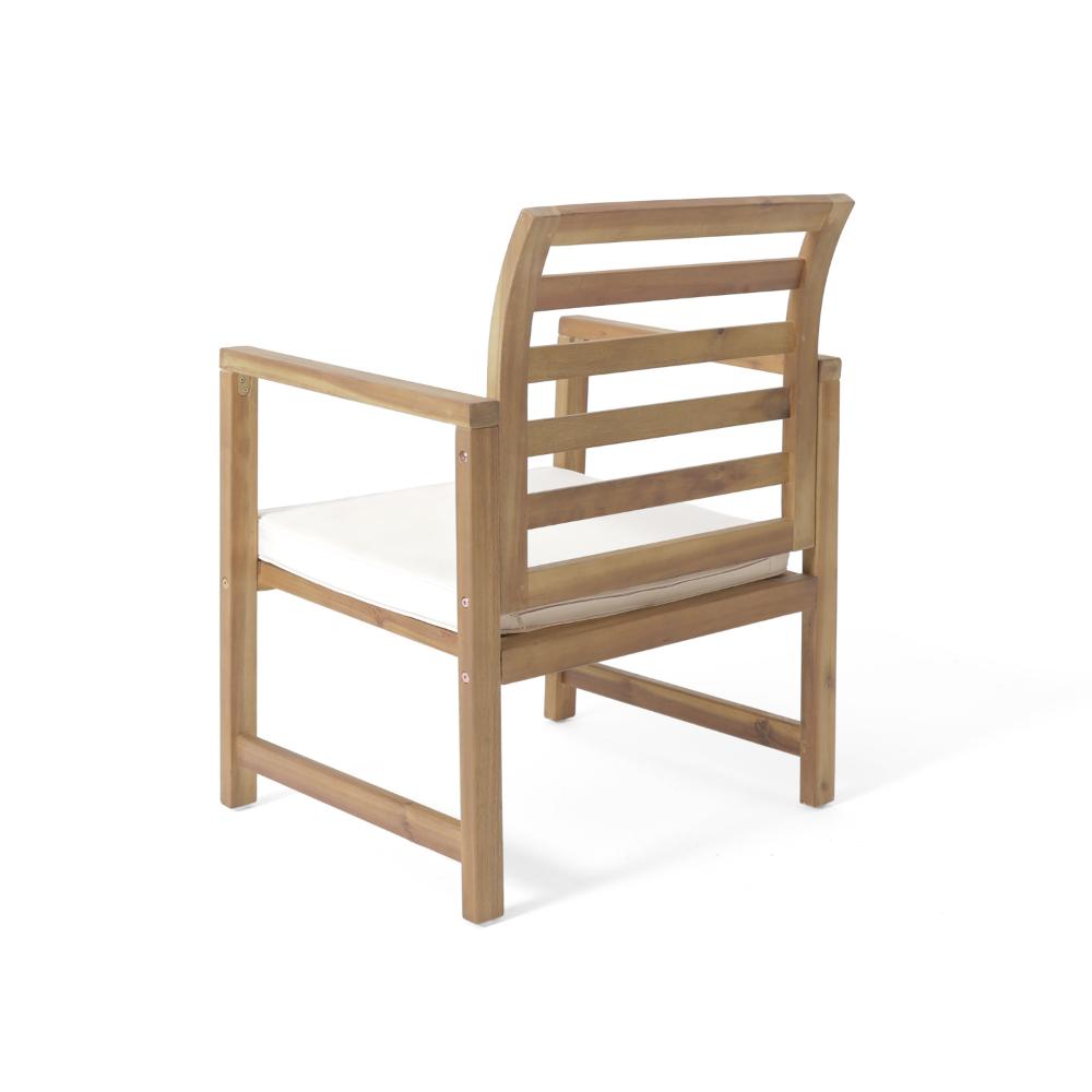 Benjara Outdoor Club Chair Set of 2, Slat Back, Brown Acacia Wood, White Fabric
