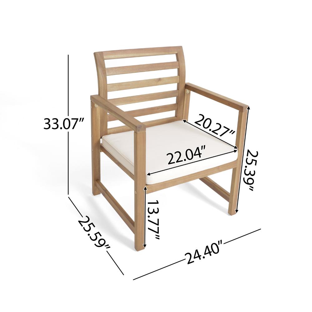 Benjara Outdoor Club Chair Set of 2, Slat Back, Brown Acacia Wood, White Fabric