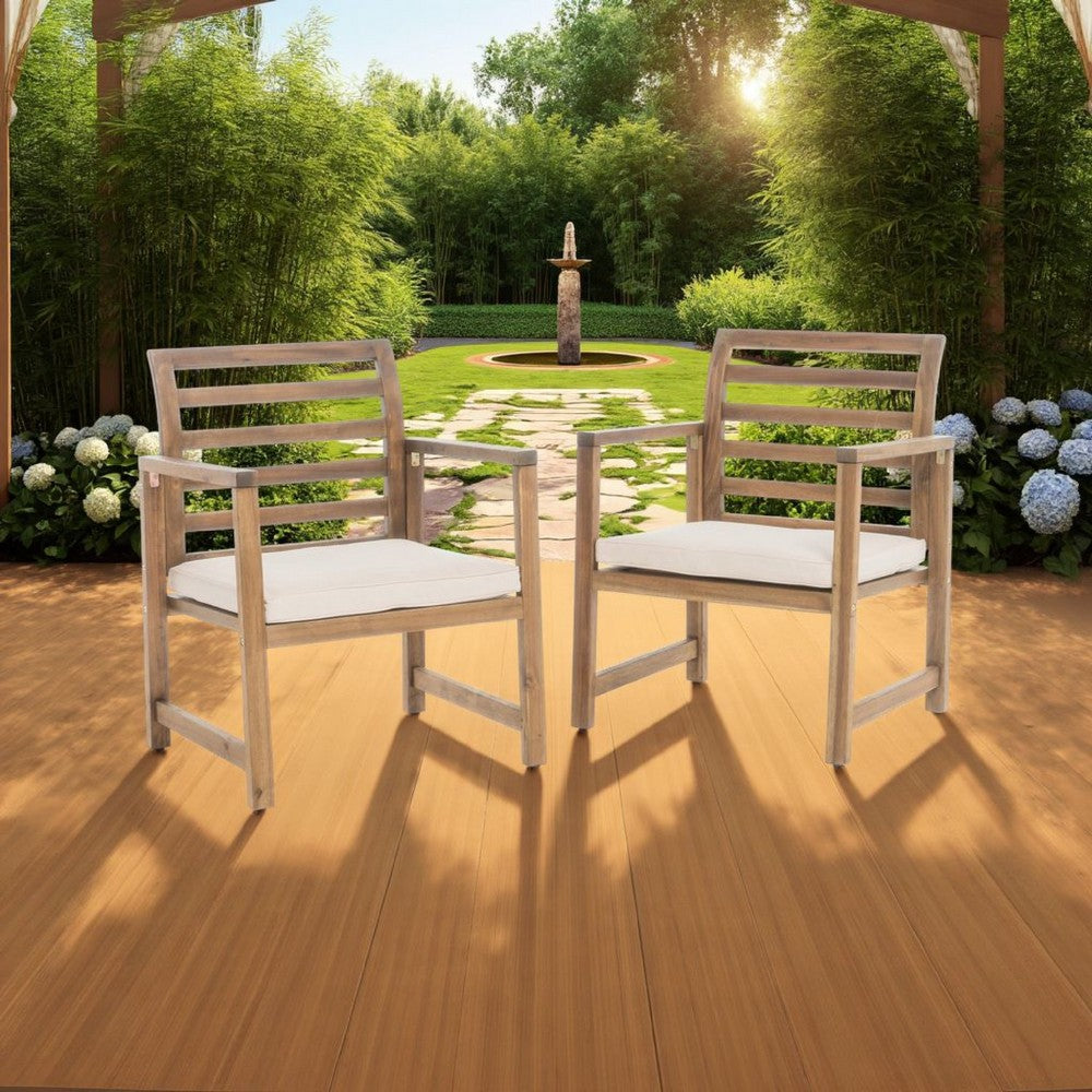 Benjara Outdoor Club Chair Set of 2, Slat Back, Brown Acacia Wood, White Fabric