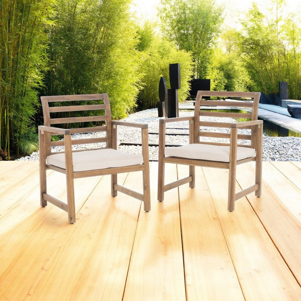 Benjara Outdoor Club Chair Set of 2, Slat Back, Brown Acacia Wood, White Fabric