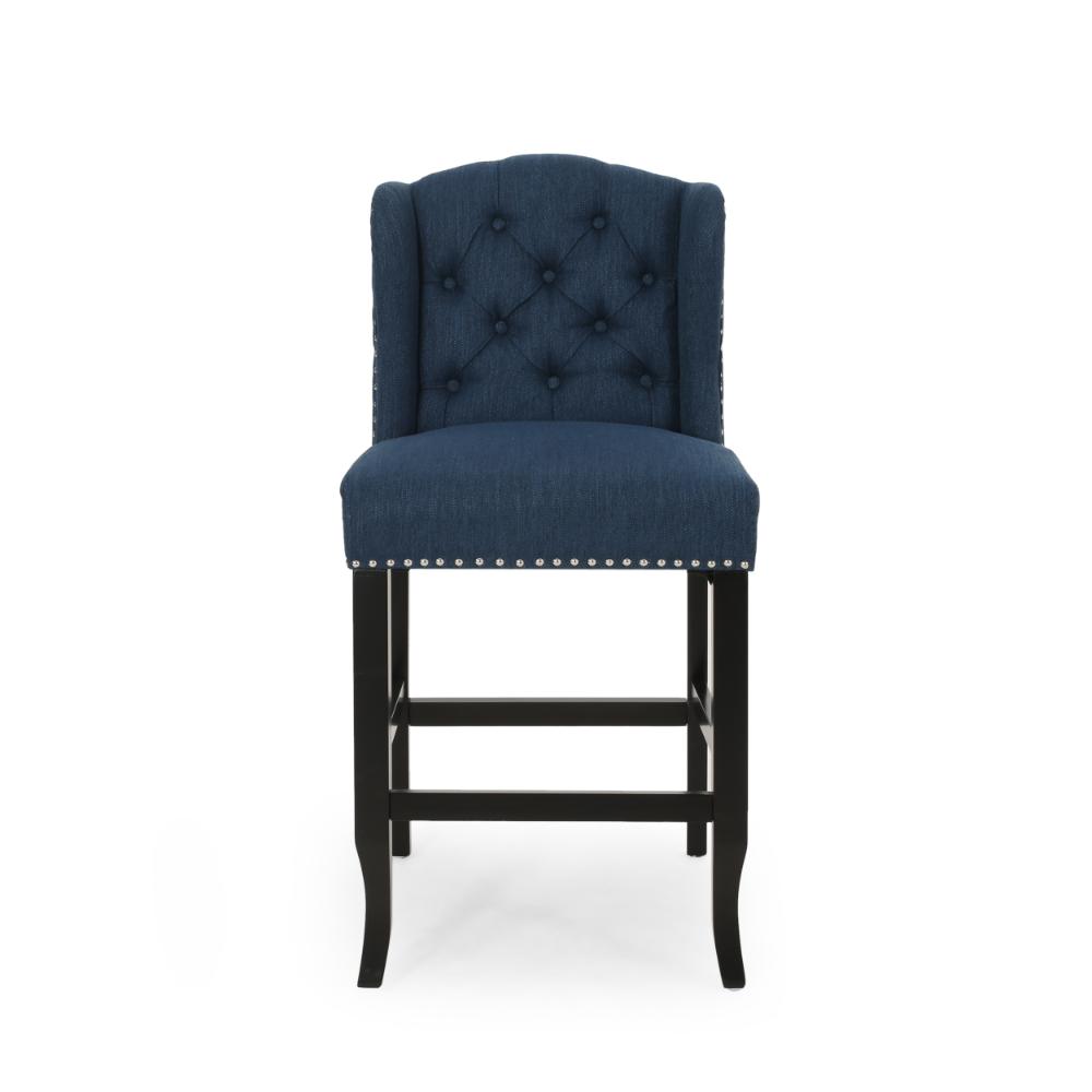 Benjara Counter Height Chair Set of 2, Tufted Wingback, Nailhead Trim, Navy Blue