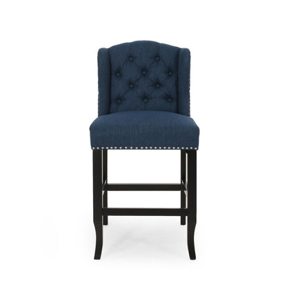 Benjara Counter Height Chair Set of 2, Tufted Wingback, Nailhead Trim, Navy Blue