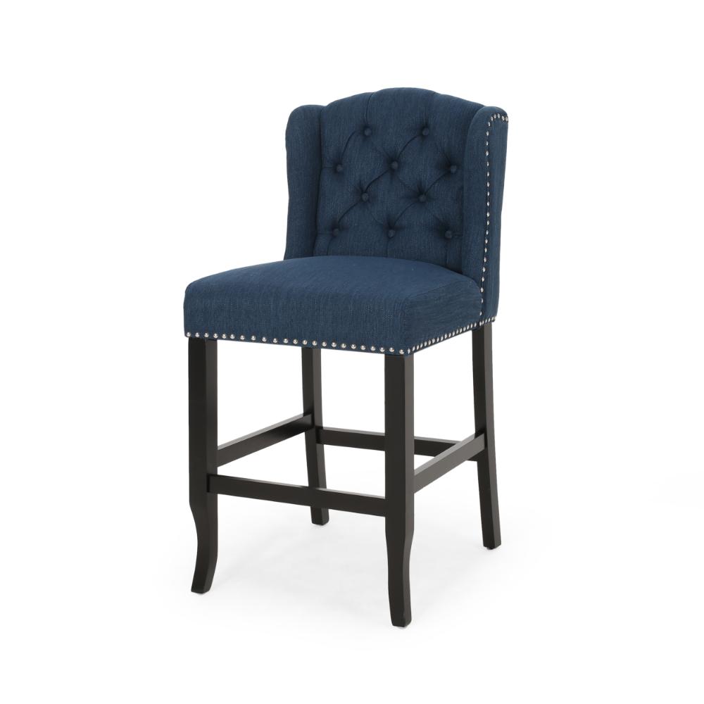 Benjara Counter Height Chair Set of 2, Tufted Wingback, Nailhead Trim, Navy Blue