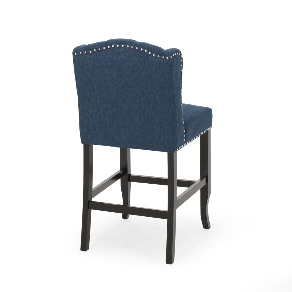 Benjara Counter Height Chair Set of 2, Tufted Wingback, Nailhead Trim, Navy Blue