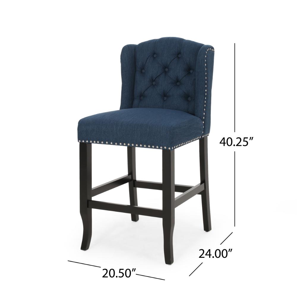 Benjara Counter Height Chair Set of 2, Tufted Wingback, Nailhead Trim, Navy Blue