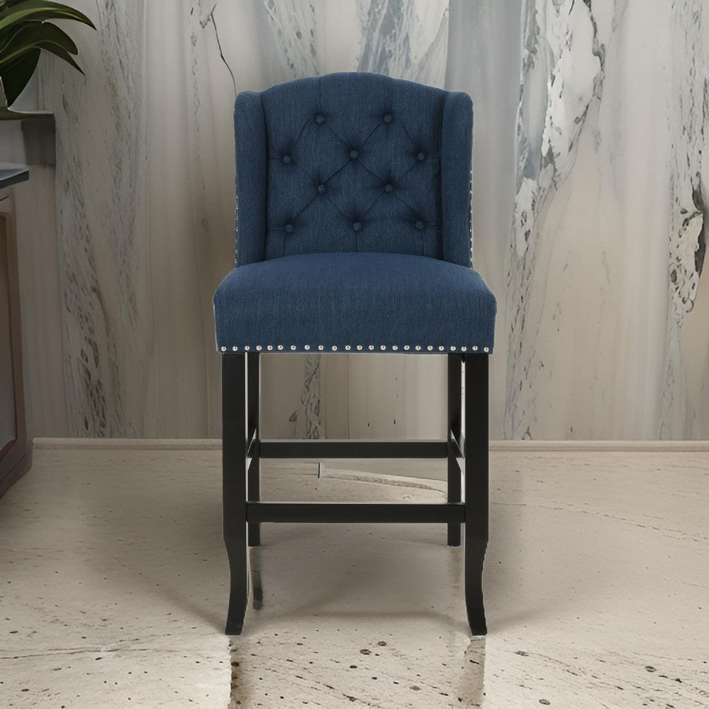 Benjara Counter Height Chair Set of 2, Tufted Wingback, Nailhead Trim, Navy Blue