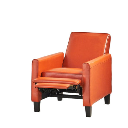 Benjara Zuca Pushback Recliner Club Chair, Black Wood, Orange Floral Faux Leather