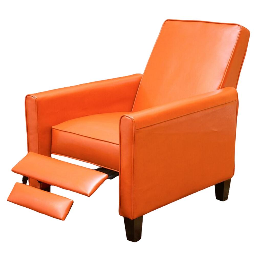 Benjara Zuca Pushback Recliner Club Chair, Black Wood, Orange Floral Faux Leather