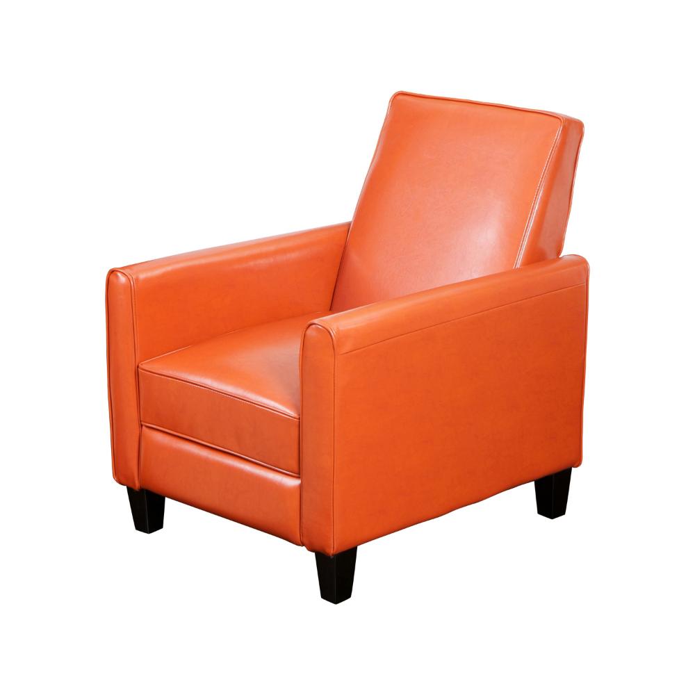 Benjara Zuca Pushback Recliner Club Chair, Black Wood, Orange Floral Faux Leather
