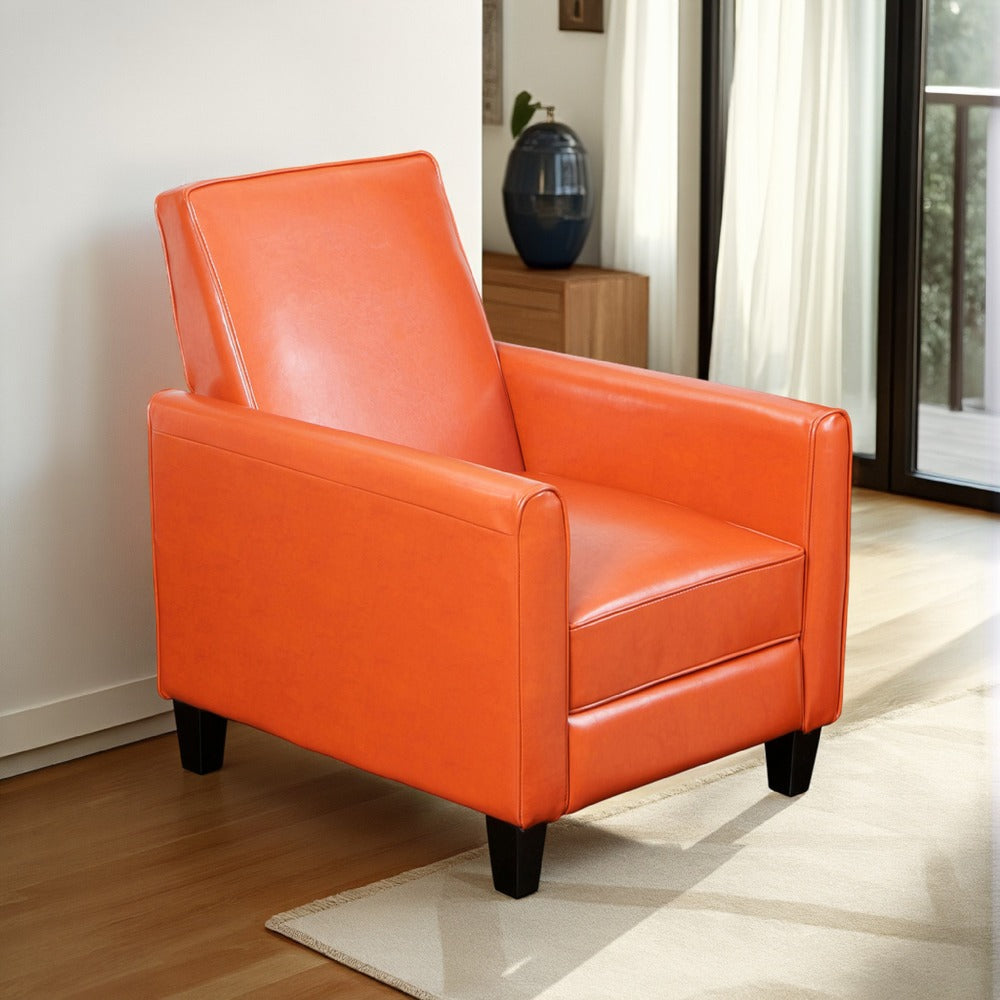 Benjara Zuca Pushback Recliner Club Chair, Black Wood, Orange Floral Faux Leather