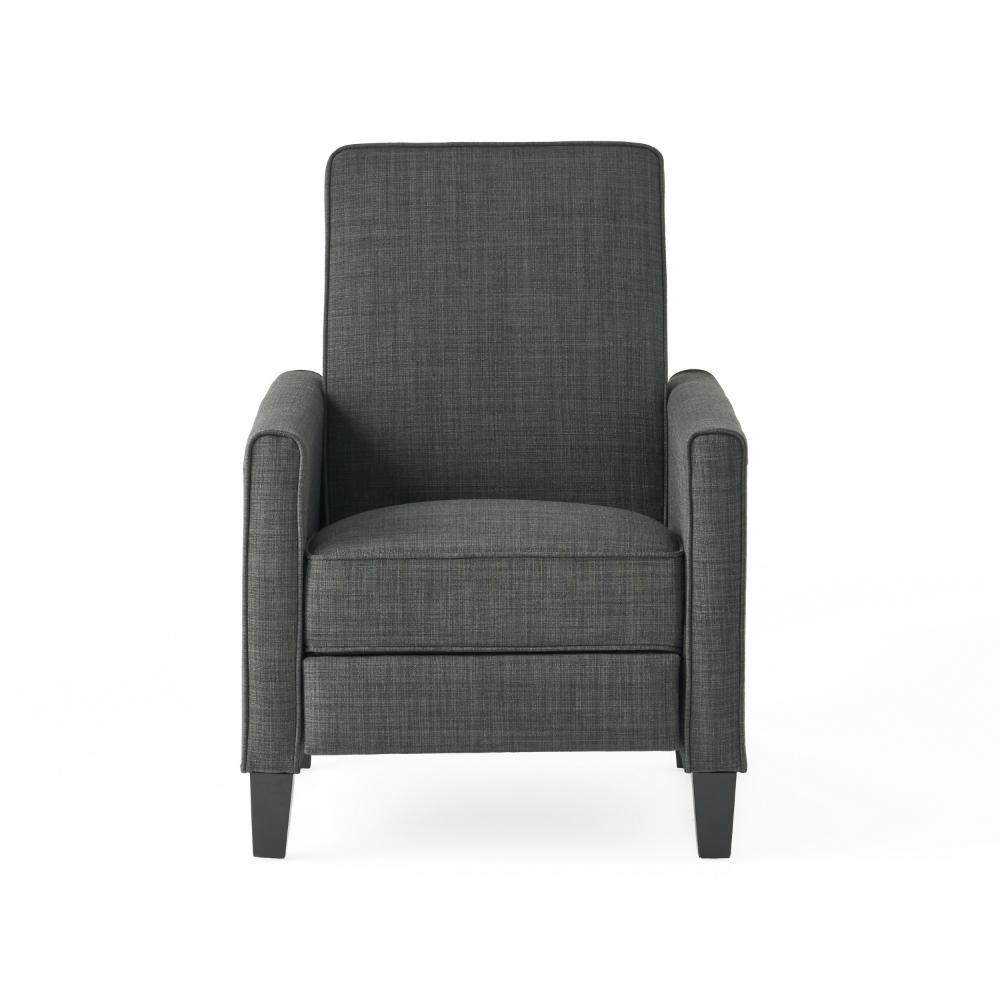 Benjara Zuca Pushback Recliner Club Chair, Premium Padded, Black Wood, Gray Linen