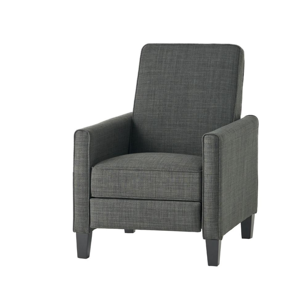Benjara Zuca Pushback Recliner Club Chair, Premium Padded, Black Wood, Gray Linen
