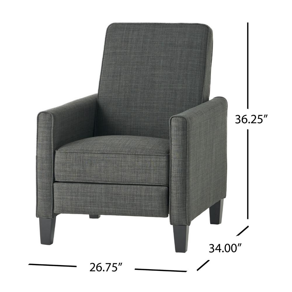 Benjara Zuca Pushback Recliner Club Chair, Premium Padded, Black Wood, Gray Linen