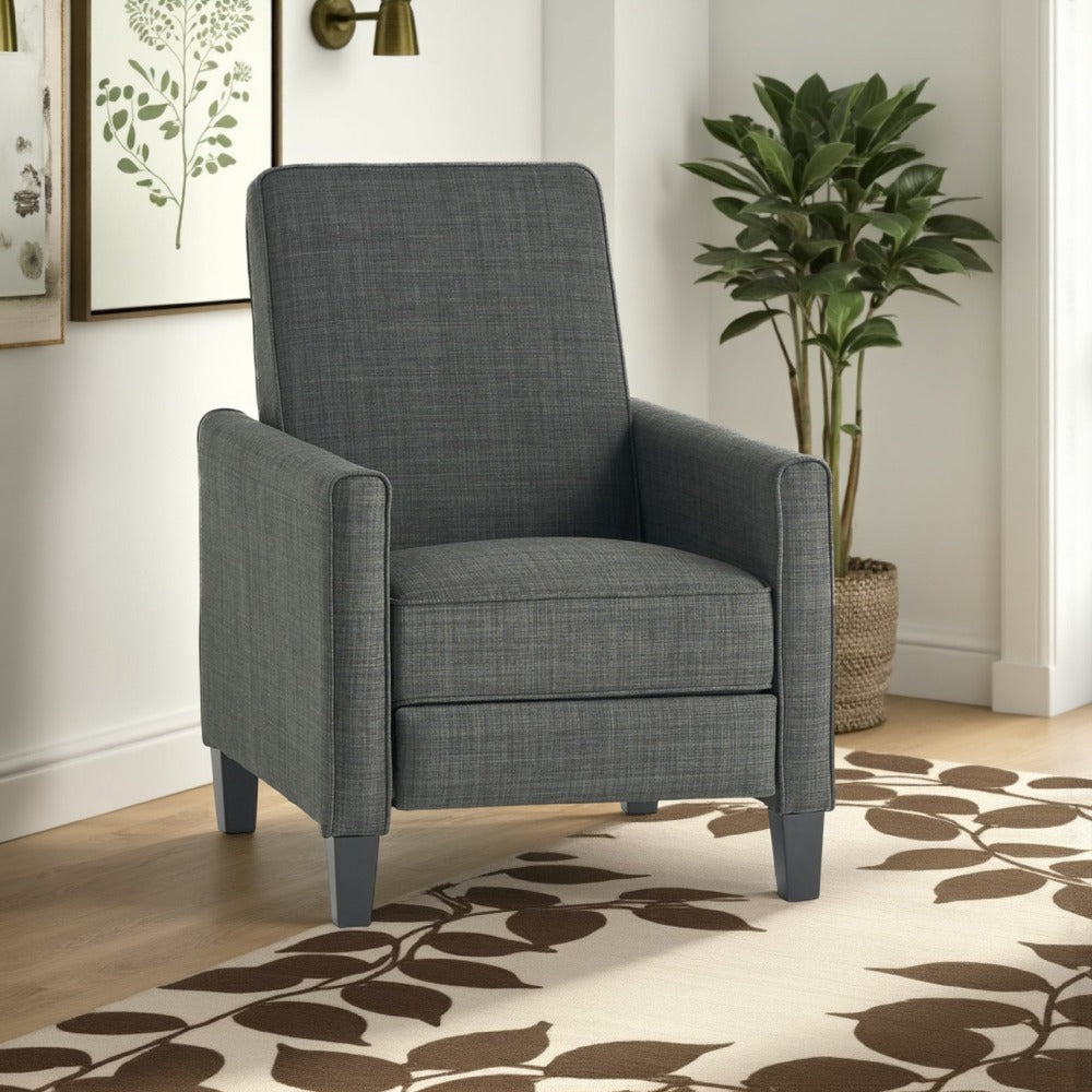 Benjara Zuca Pushback Recliner Club Chair, Premium Padded, Black Wood, Gray Linen
