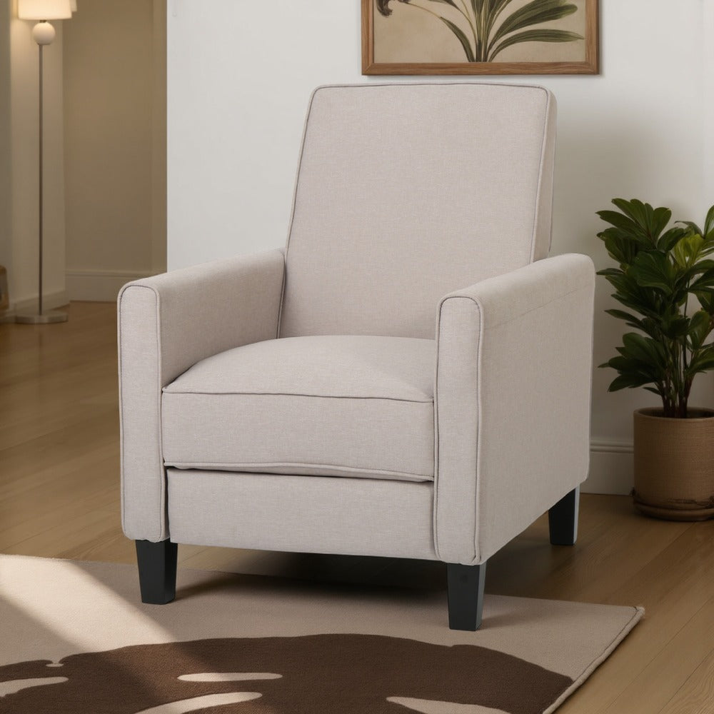 Benjara Zuca Pushback Recliner Chair, Black Wood, Premium Padded Beige Polyester