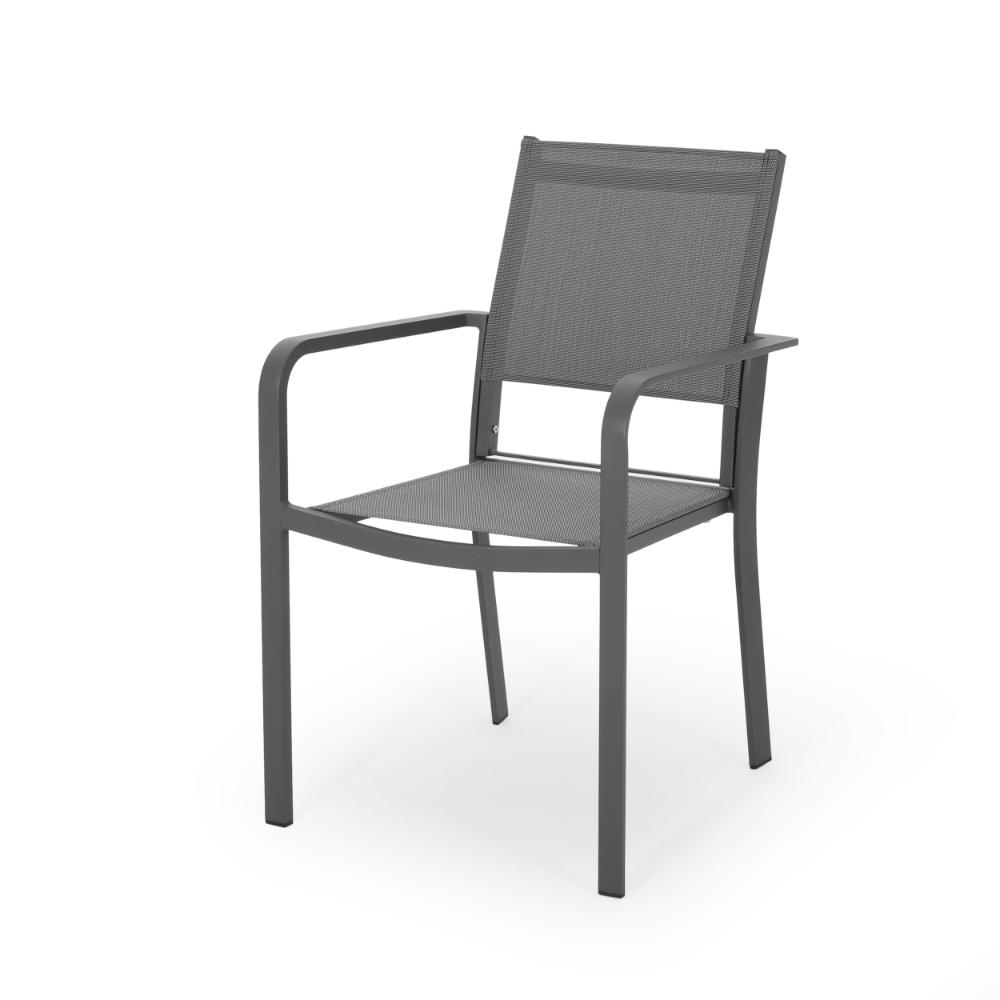 Benjara Arini Outdoor Dining Chair Set of 2, Dark Gray Metal Frame, Mesh Seat