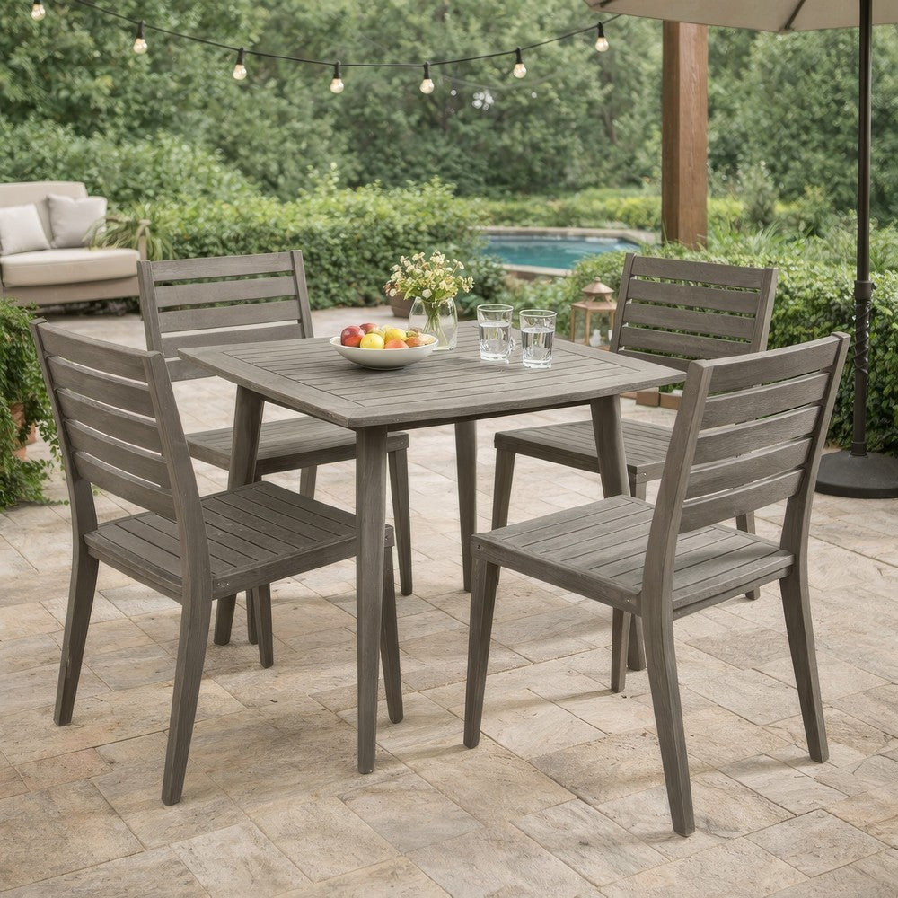 Benjara Lexy Outdoor Dining Chair, Square 36 Inch, Gray Acacia Wood, Tapered Legs