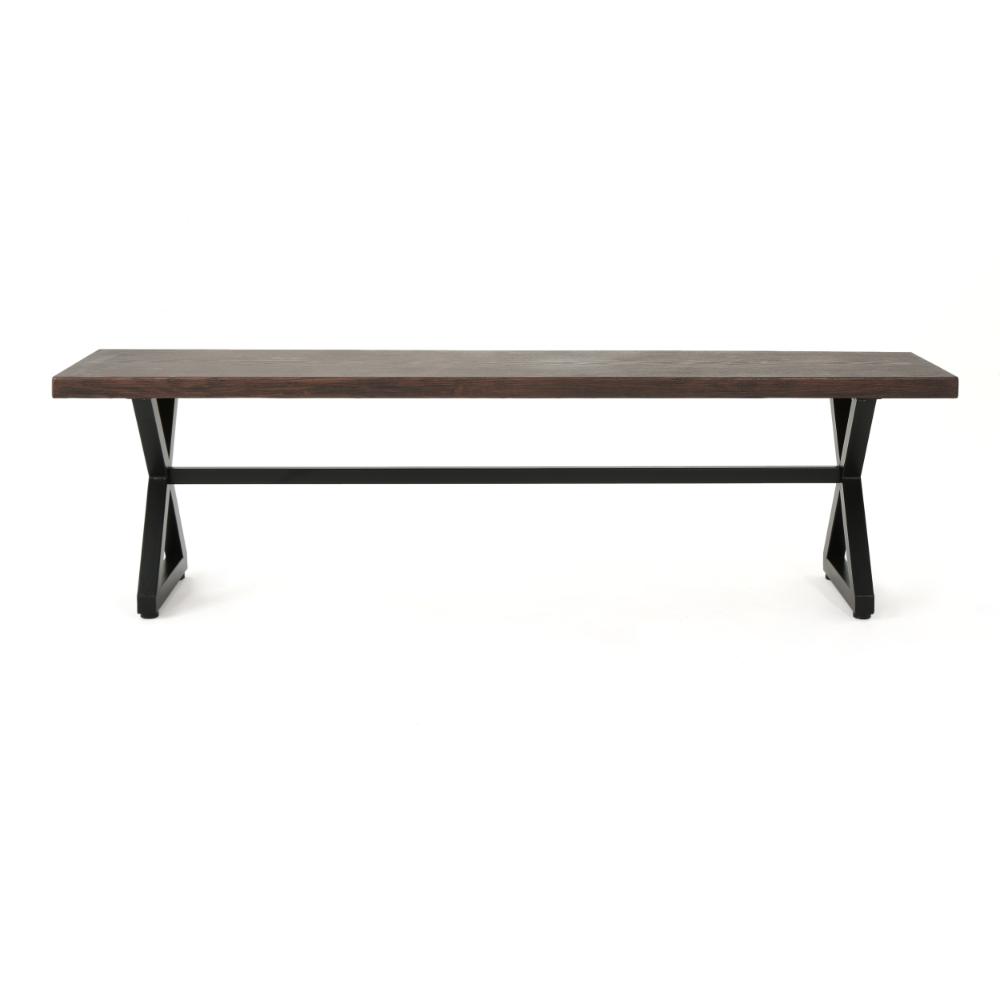 Benjara Romita Outdoor Dining Bench, X Legs, Brown Metal, Black Steel, 63 Inch
