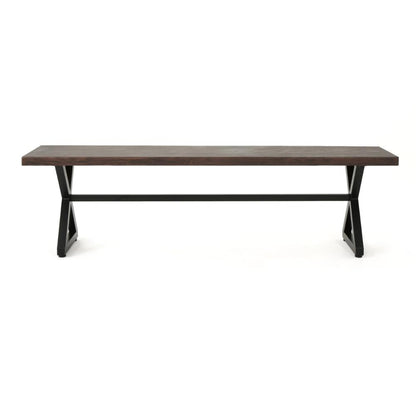 Benjara Romita Outdoor Dining Bench, X Legs, Brown Metal, Black Steel, 63 Inch