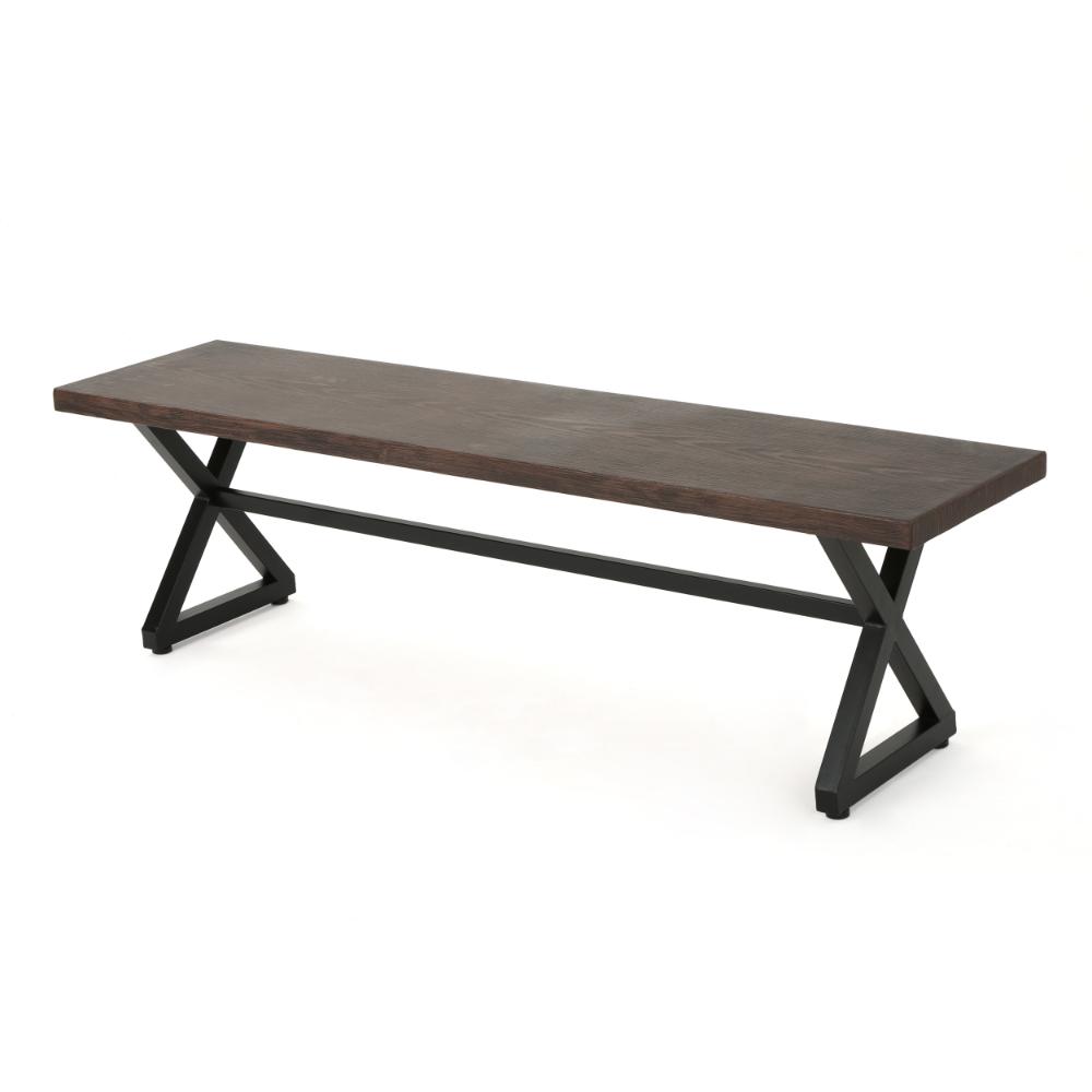 Benjara Romita Outdoor Dining Bench, X Legs, Brown Metal, Black Steel, 63 Inch