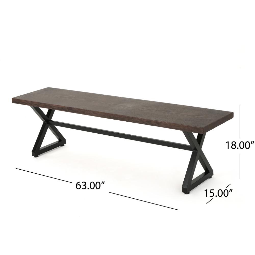 Benjara Romita Outdoor Dining Bench, X Legs, Brown Metal, Black Steel, 63 Inch