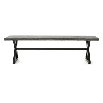 Benjara Romita Outdoor Dining Bench, X Shape Legs, Gray Metal, Black Steel, 63 Inch